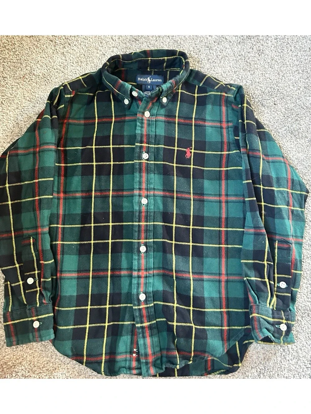 Ralph Lauren Vintage Shirt Boys 6 Green Black Plaid Flannel Button Down Pony